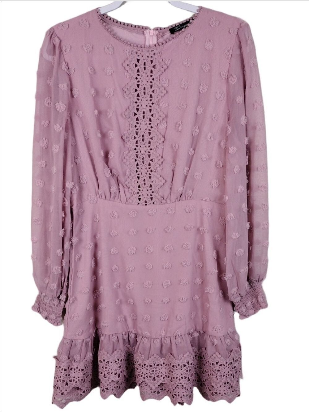 Simplee Mauve Rose Scoop Neckline Long Sheer Sleeve Textured Crochet Lace Dress
